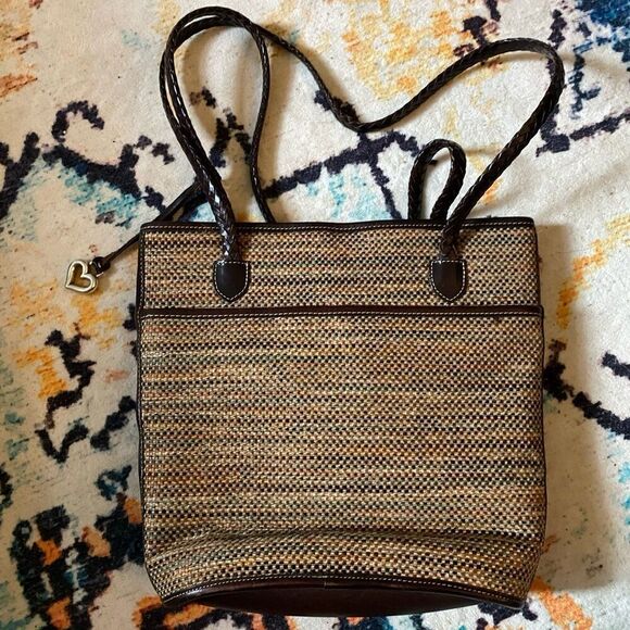 Vintage 90s Brighton Caroline Brown Leather & Tweed Bucket Bag hearts hardware - Picture 3 of 5